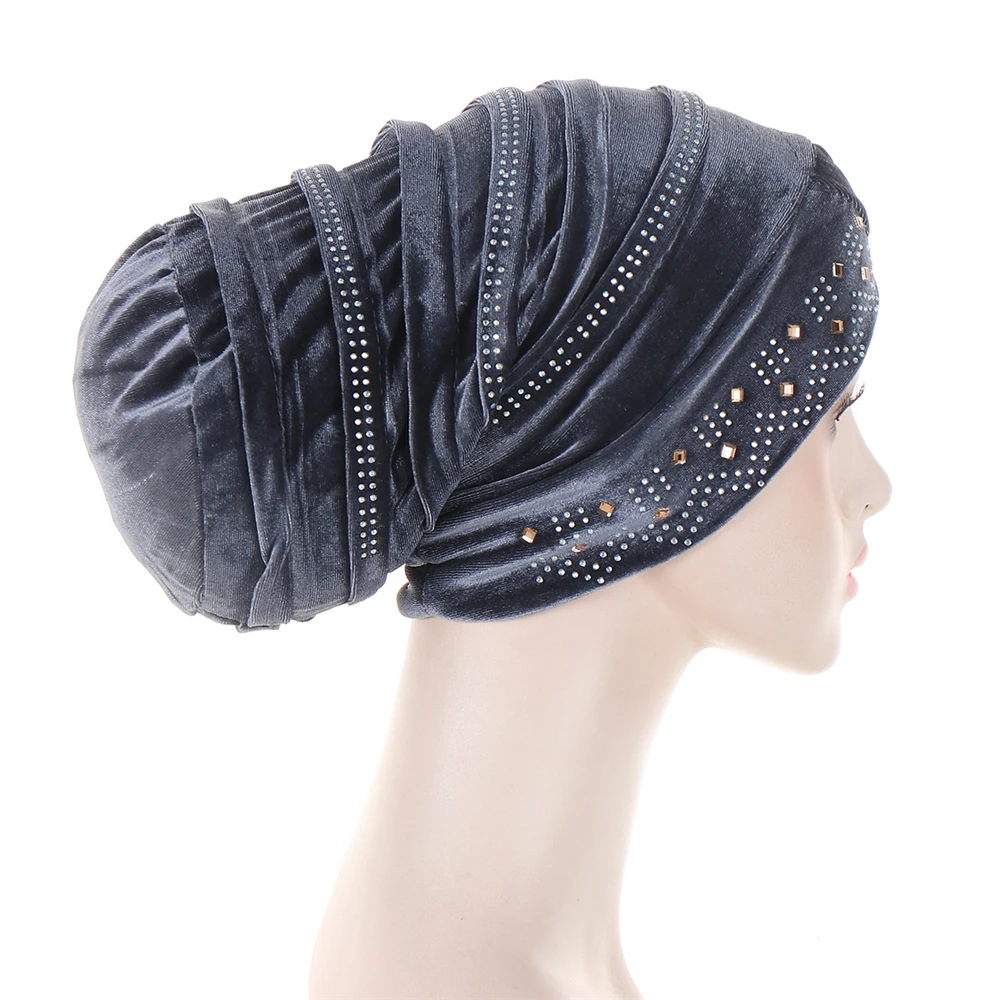 Muslim Women Velvet Headdress Head Wrap Scarf Hat Hijab African Turban Beanie Hair Loss Chemo Slouchy Baggy CapsHair Accessories