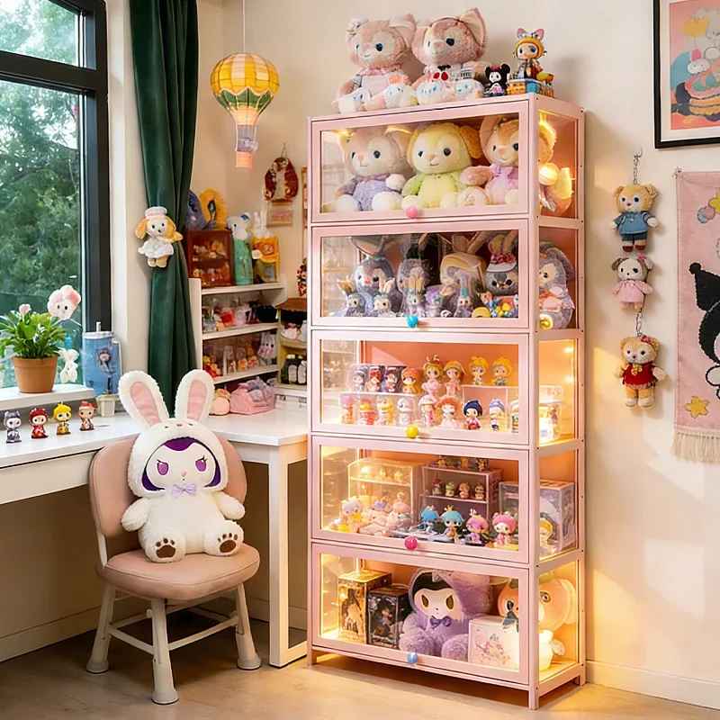 Multi-functional Pink Glass Door Display Cabinet Dust-proof Display Cabinet Locker Display Figure Cabinet