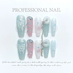 10pcs New Chinese Press on Nails Blue 3D Jade Snake Fake Nails Handmade Chinese Ancient Style Butterfly Decor False Nails Patch