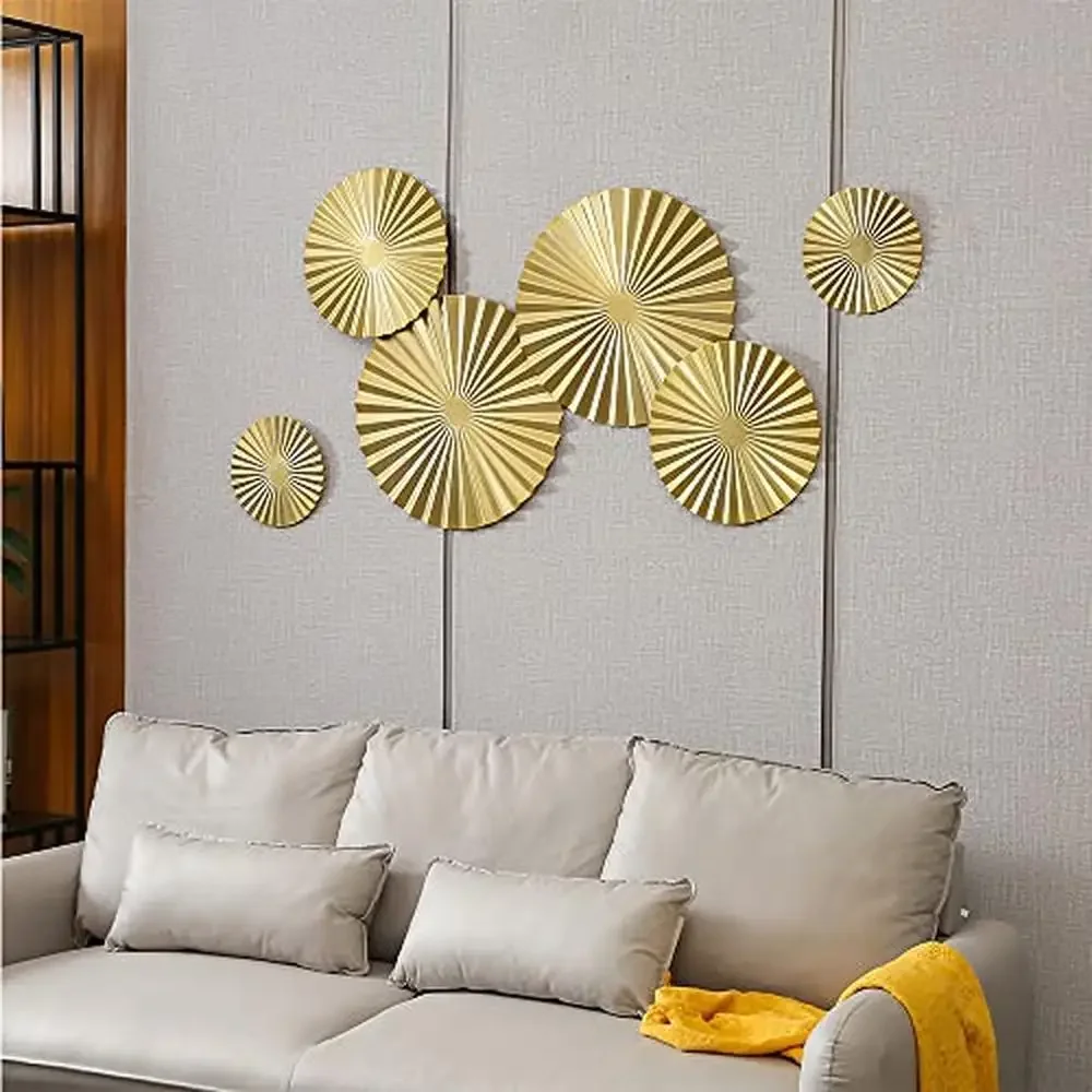 Iron Gold Sunburst Wall Decor Set of 6 Hanging Ornaments Home Office Bedroom Wall Art