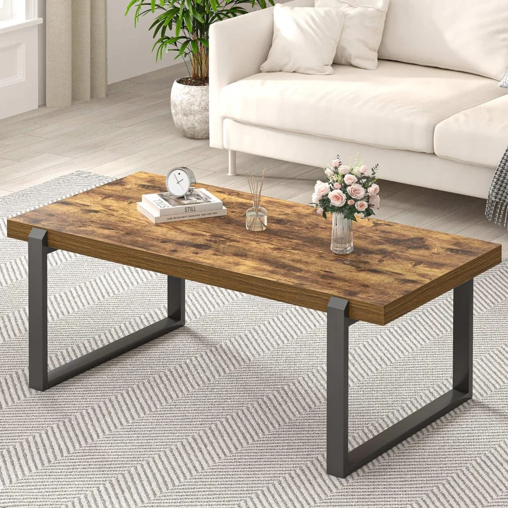 

EXCEFUR Modern Coffee Table, Industrial Wood and Metal Center Table, Cocktail Tea Table for Living Room Home Office, Rustic Brow