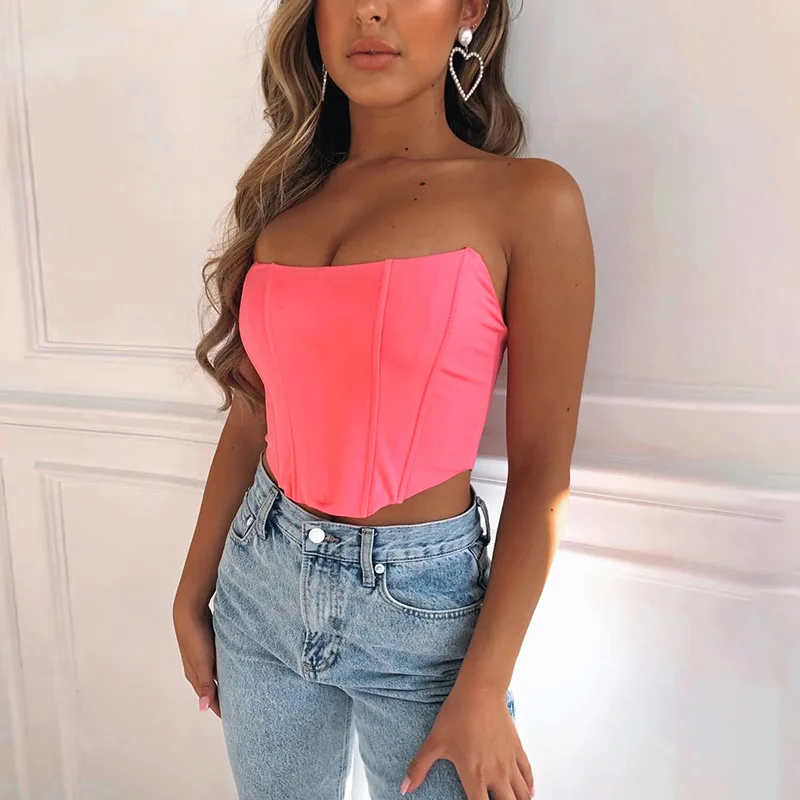 Bangniweigou Glossy Satin Corset Tube Top Women Cute Skinny Strapless Camisole Tops T Shirt Black Red Pink Casual Bustier