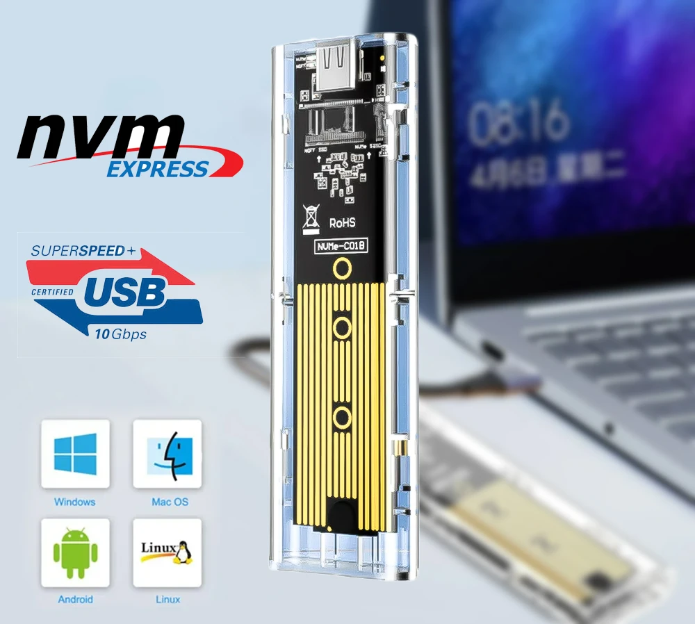 

M.2 NVME PCIe NGFF SATA Корпус SSD с двумя протоколами Прозрачный USB Type C 10 Гбит/с PCI-E M2 SSD Прозрачный внешний корпус Коробка для жесткого диска