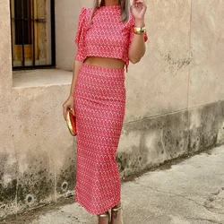 Lady Fashion O-neck Short Sleeved Top and Skirt Suit New 2024 Summer Pattern Printed Slim Party Outfit Sexy Navel Two Piece Set