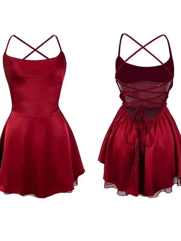 فستان قصير جديد من الساتان بدون ظهر بحزام متقاطع من الدانتيل مرقع ملابس للاستلقاء بدون ظهر عميق على شكل حرف V بدون أكمام فستان رغبة نقية Casaul XKCD