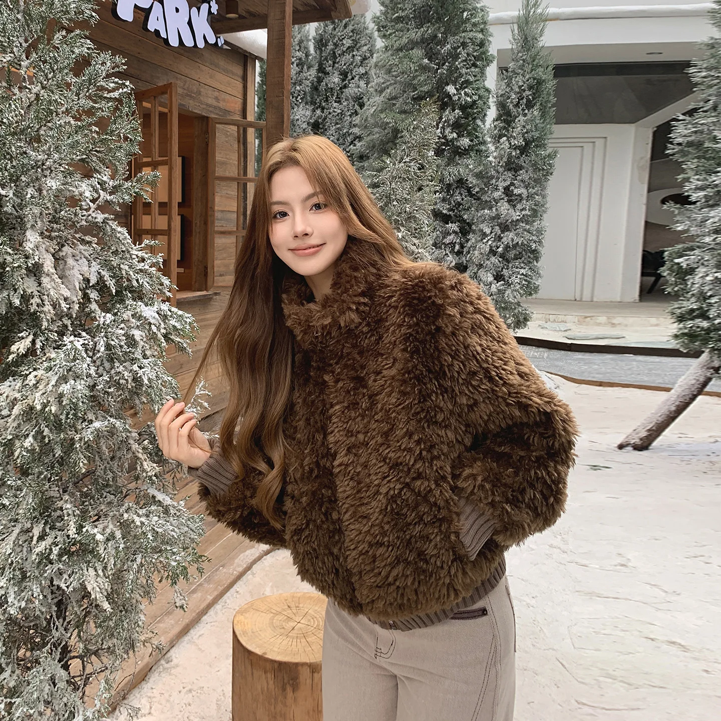 Winter Fashion Imitation Lamb Wool Jacket American Casual Fashion Retro Women's Knitted Splicing Stand Up Collar Plush Outwear