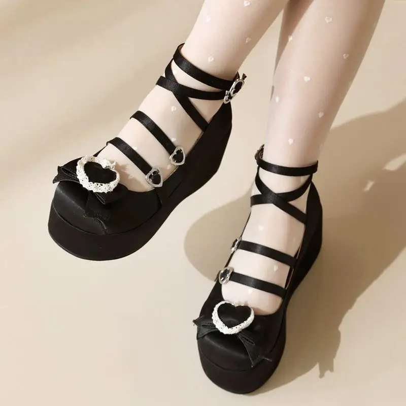 SIMLOVEYO Sweet Girls Lolita Pumps Toe Platform Hill Wedges Bowknot Shoes Buckle Strap Size 44 45 Dating Shoes