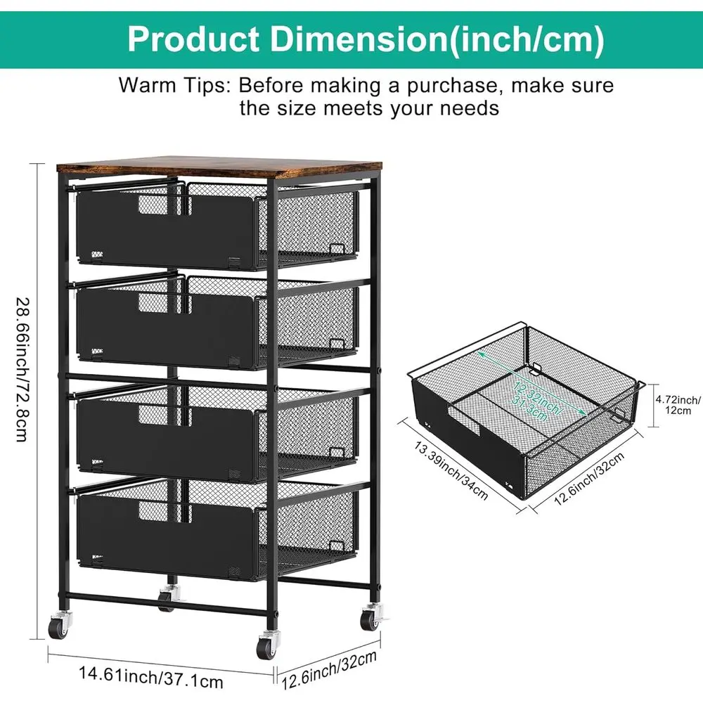 4-Tier Rolling Storage Cart with Lockable Wheels, Under-Desk File Organizer, Multi-Function Office Utility Cabinet, Black