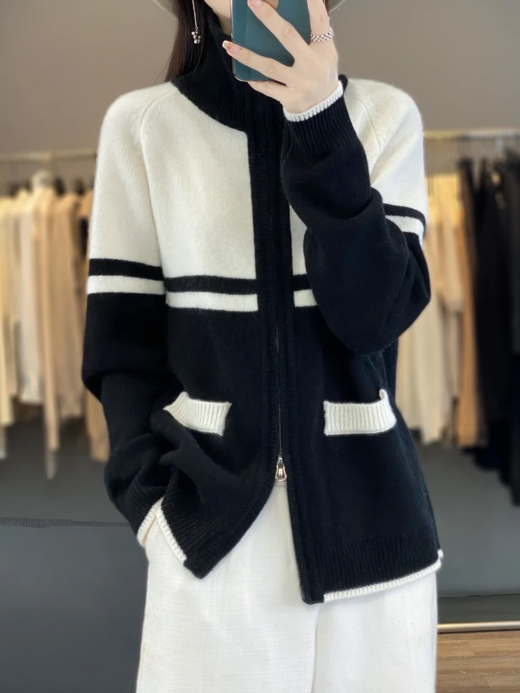 Autumn Winter Women 100% Merino Wool Zip Up Cardigan Color Block Striped Stand Collar Long Sleeve Pocket Soft Casual Knit Jacket