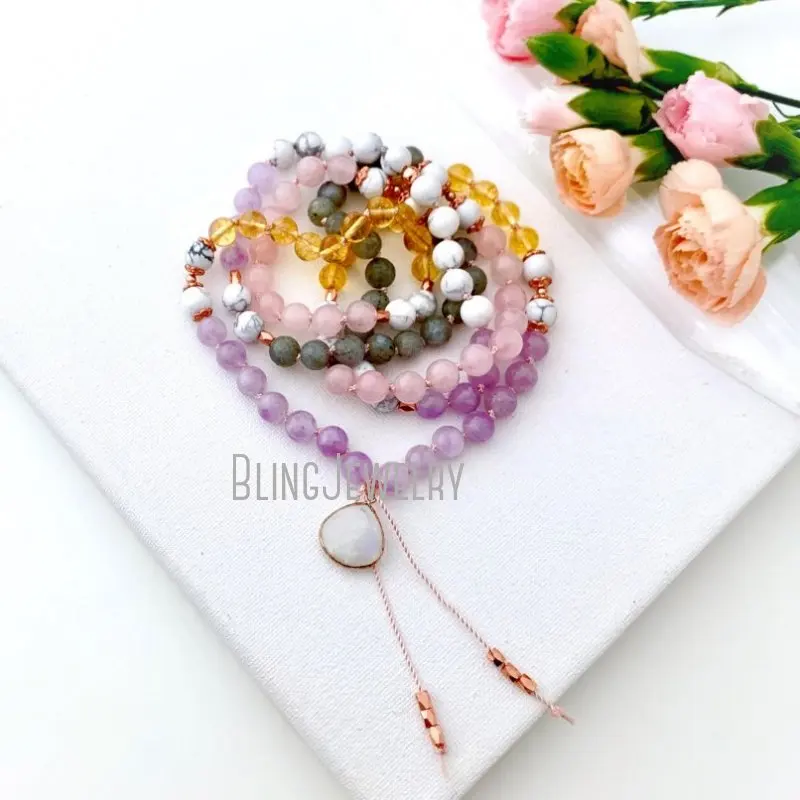 MN35011 Strength Goddess Mala With Rose Quartz Citrine Amethyst Labradorite Howlite  Beads  Necklace 108 Prayer 