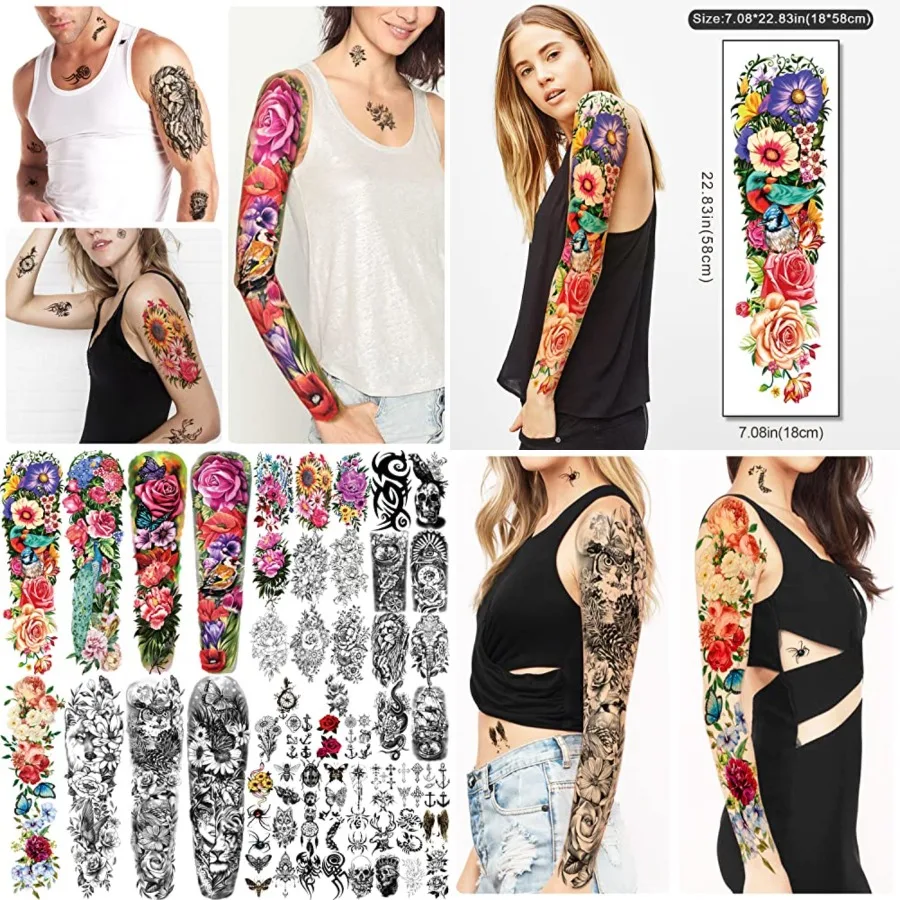 

55 Sheets Temporary Tattoo for Men and Women, 8 Full Arm Fake Tattoos, 17 Half Arm Fake Skull Flower Tattoos, 30 Tiny for Adults Kids Body Shoulder Tattoos Stickers Waterproof Realistic Long-Lasting