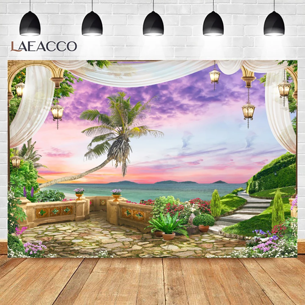 خلفية شاطئ استوائية صيفية ، منظر بحر النوافذ ، أشجار جوز الهند ، أوراق النخيل ، العطلات ، خلفية المالديف ، مستلزمات استوديو الصور