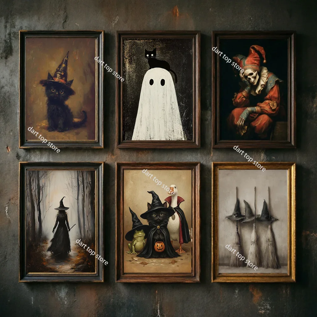 Halloween Vintage Witch Wall Art with Black Cat Gothic Canvas Print Dark Academia Decor Spooky Autumn Witchy Artwork Gift Poster