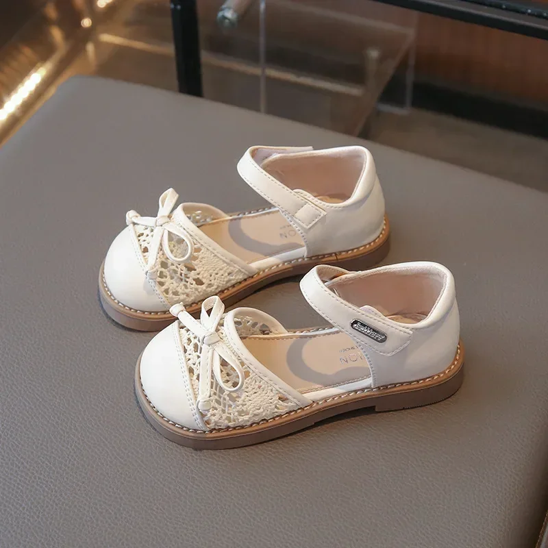 

Kids Summer Cute Lace Mesh Children's Princess Shoes Student Sweet Bow PU Leather Flats Girls Half Sandals
