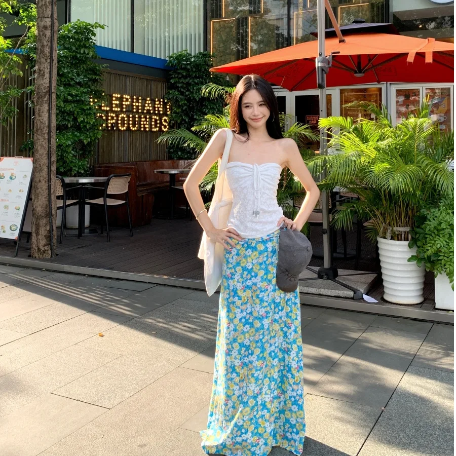Women's White Ruched Bustier Top & Blue Yellow Floral Maxi Skirt Two-Piece Set Summer Casual Vacation Fashion