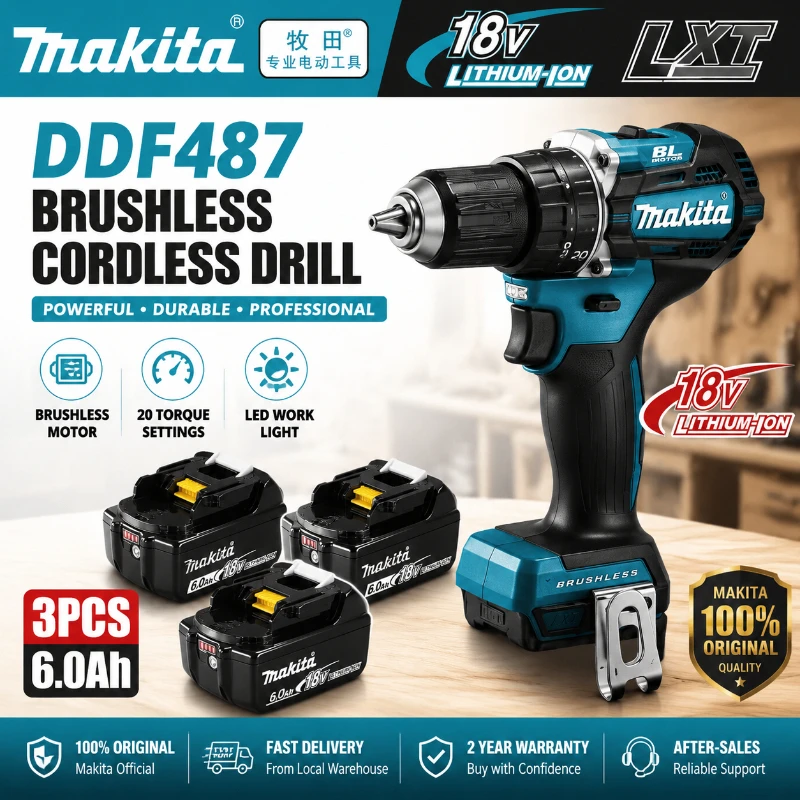Original Makita 18V LXT DDF487 Bürstenloser Akku-Bohrschrauber 10mm Hochdrehmoment + BL1860B BL1840 6,0Ah Akku-Set OEM Elektrowerkzeug EU Schnellversand