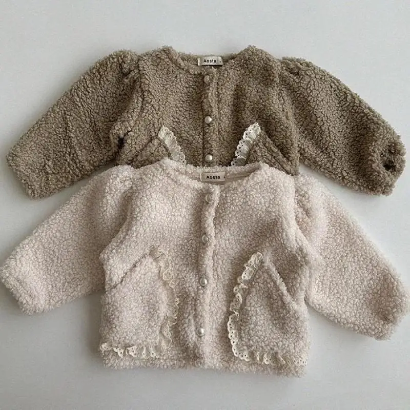 Casaco de lã quente para bebê, jaqueta grossa de veludo infantil, moda menina infantil, roupa de bolso para criança, nova, inverno, 2022