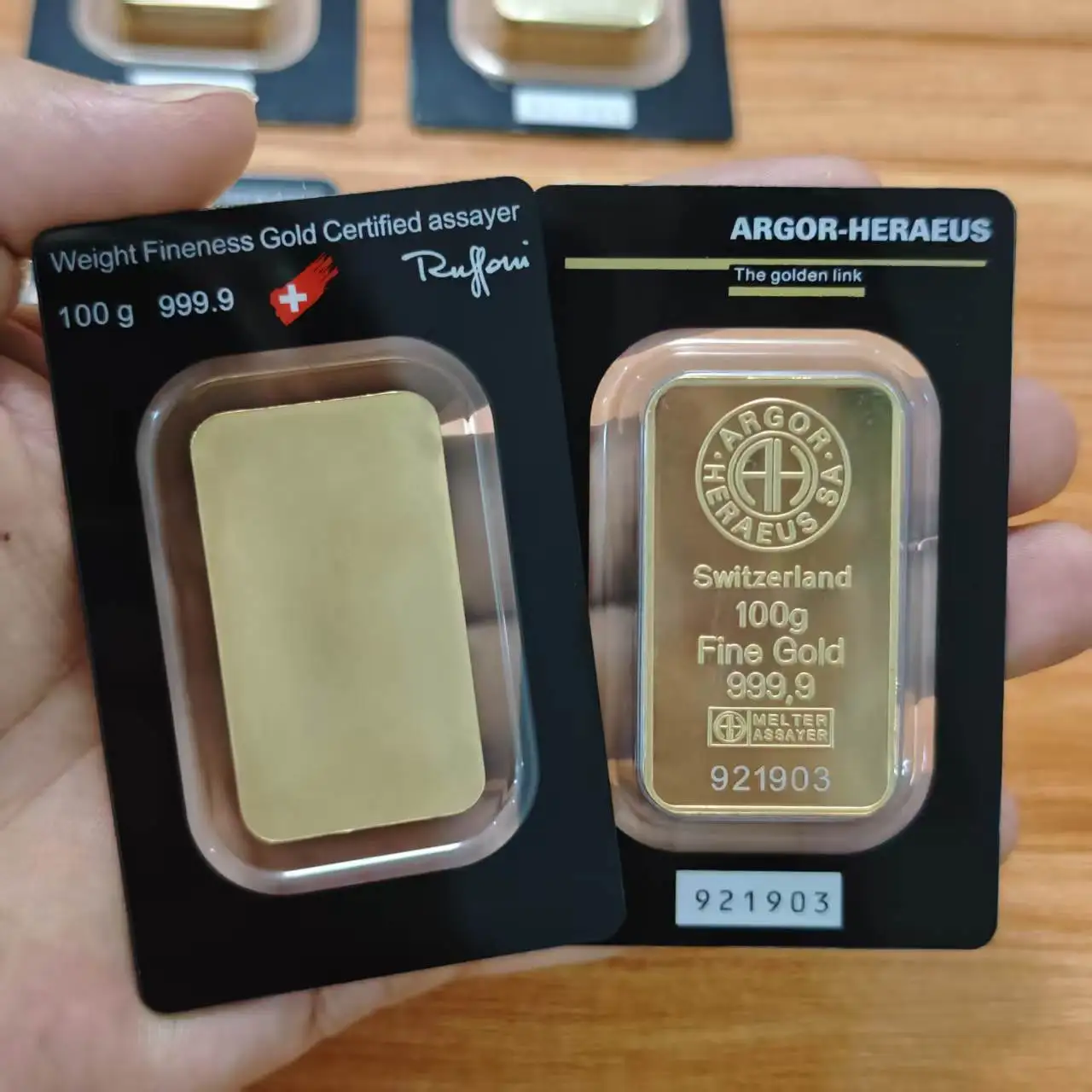 Image of 100g Argor Heraeus Goldbarren Suisse Goldbarren 24K Vergoldete Messing-Kunstwerke mit Verschiedenen Nummern