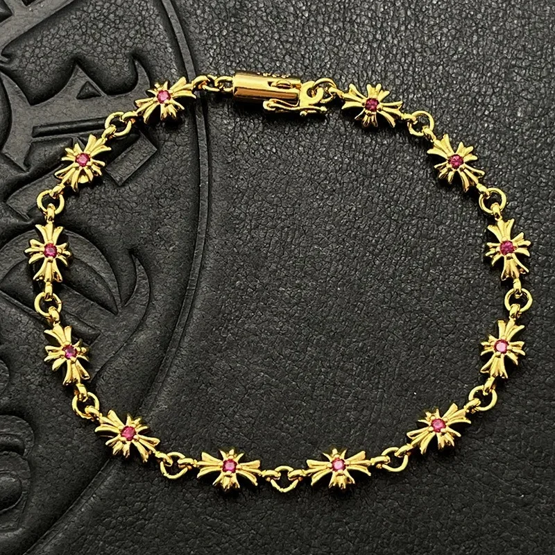 Versatile Bracelet with Diamonds and Thin Cross Flowers for Men and Women's Jewelry, Thai Silver Retro Hip-hop Buckle Insert Bra