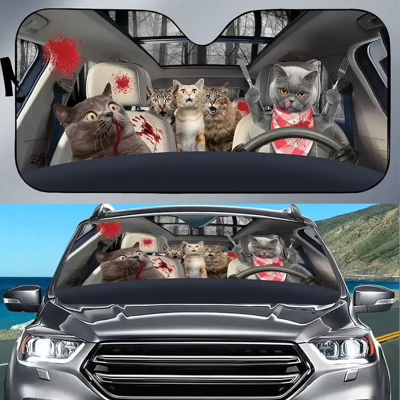 English shorthair Cat Scary Blood Halloween Windshield Sunshade, Cat Halloween Car Sunshade, Halloween Gift Idea