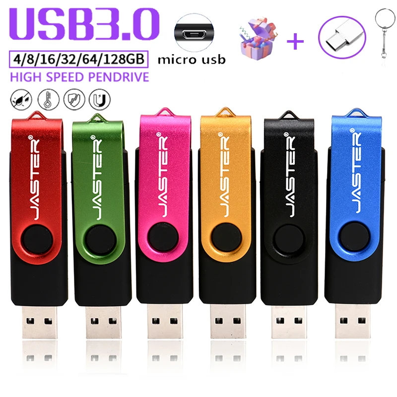 JASTER Rotatable USB 3.0 Flash Drives 128GB OTG 2 in 1 Memory Stick 64GB Metal Clip Pen Drive 32GB High Speed USB Stick 16GB 8GB