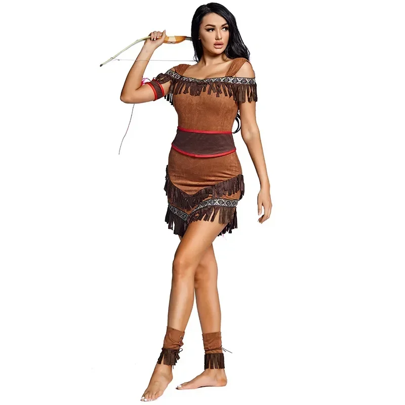 

Adult Women Indian Indigenous Costumes Halloween Cosplay Aboriginal Outfit Hunter Fringe Dress
