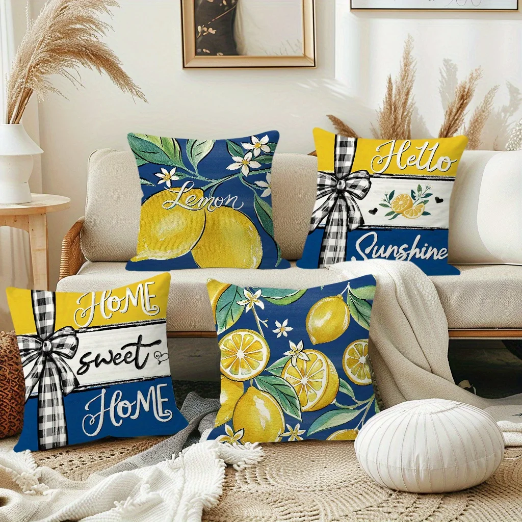 []4pcs, Short Plush Contemporary Lemon Theme Throw Pillow Covers, 18in*18in, Spring Summer Stripes Bow Home Decor Cushion Covers