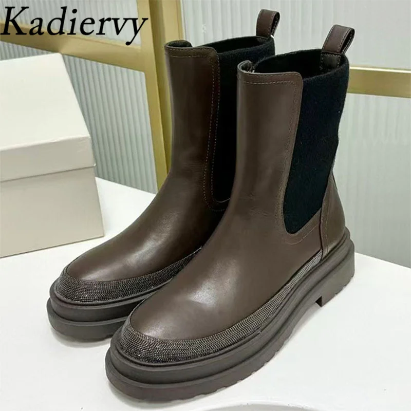 New Flat Motorcycle Boots Woman Round Toe Slip-on Ankle Boots String Bead Thick Sole Shoes Woman Suede Leather Short Boots Woman