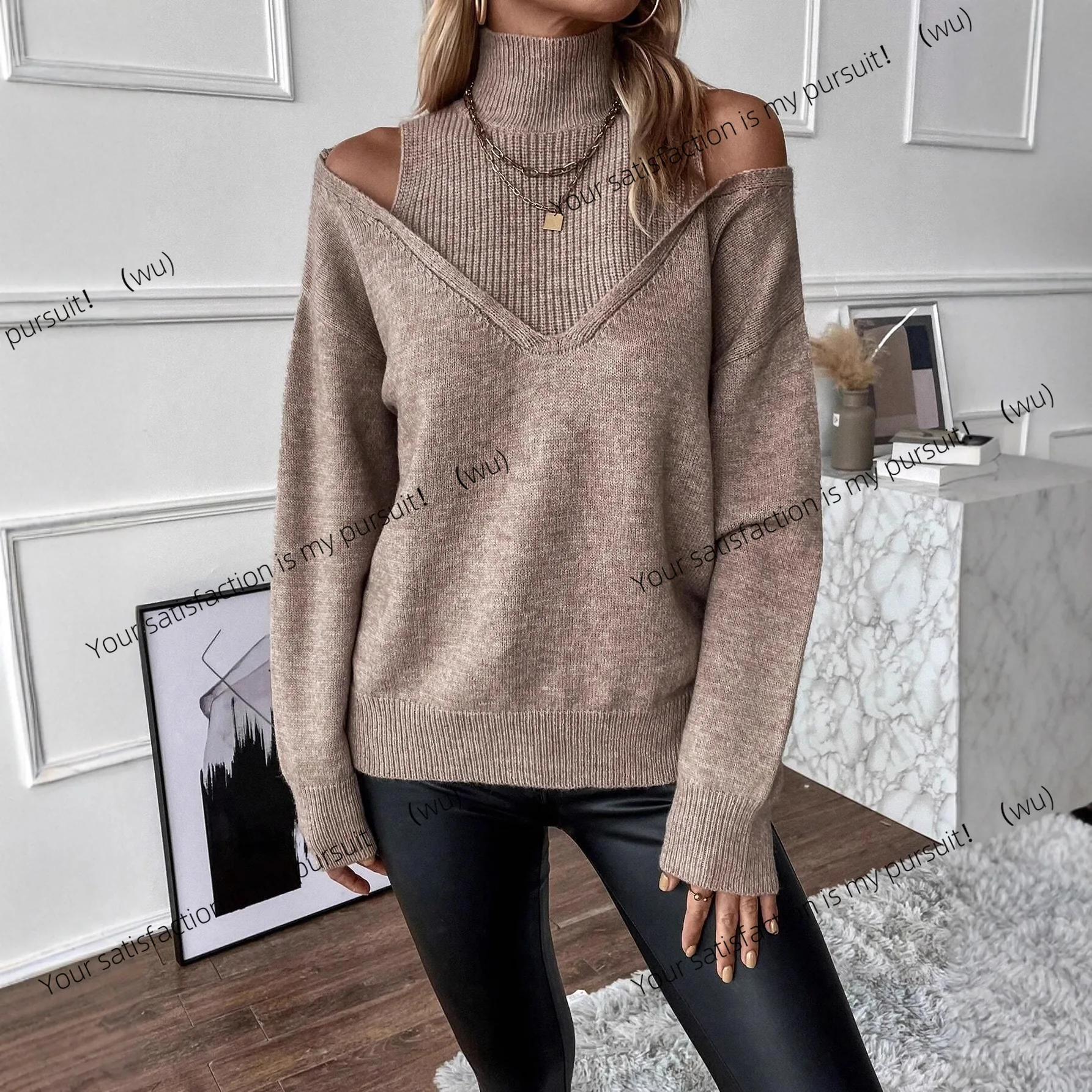 

European and American new autumn and winter solid color loose fashion knitted off-the-shoulder long-sleeved turtleneck sweater