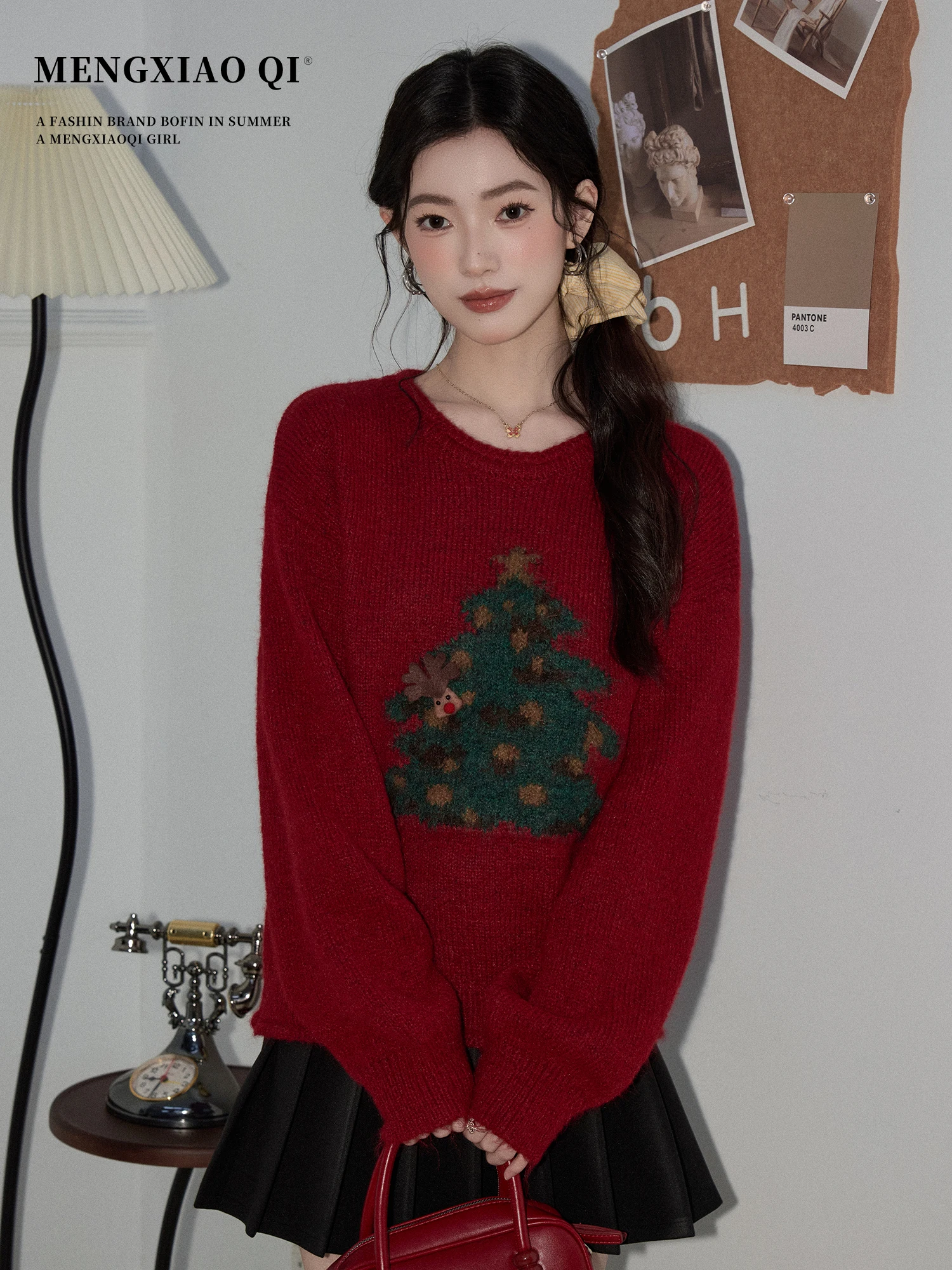 

Meng Xiaoqi Cisas New Year Women's Knitted Sweater Red Base Layer Top Loose Fit Comfortable Long Sve Color