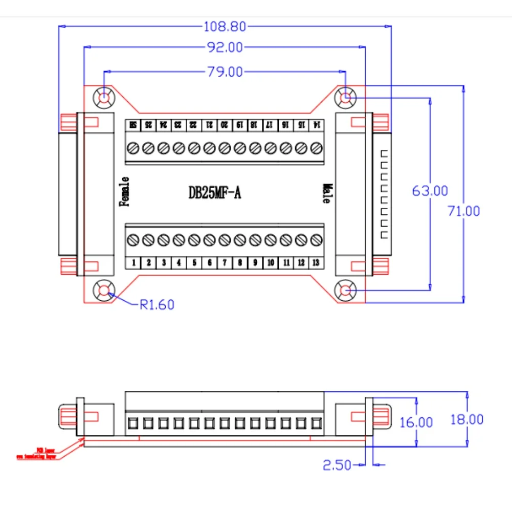 

DB25MFA Terminal Block Adapter Solderless Male Female Connector Board for Electronic Equipment and Field Wiring