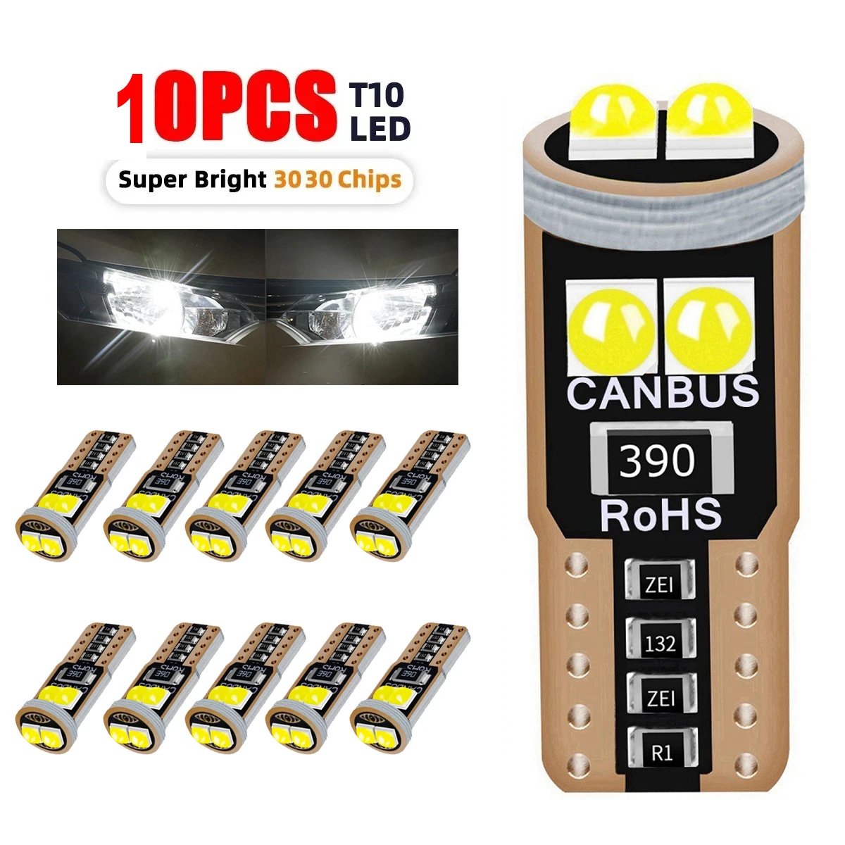 10PCS T10 W5W LED Bulb Canbus Car Interior Dome Door Glove Box Trunk License Plate Lights 12V 6SMD 600LM 6500K White