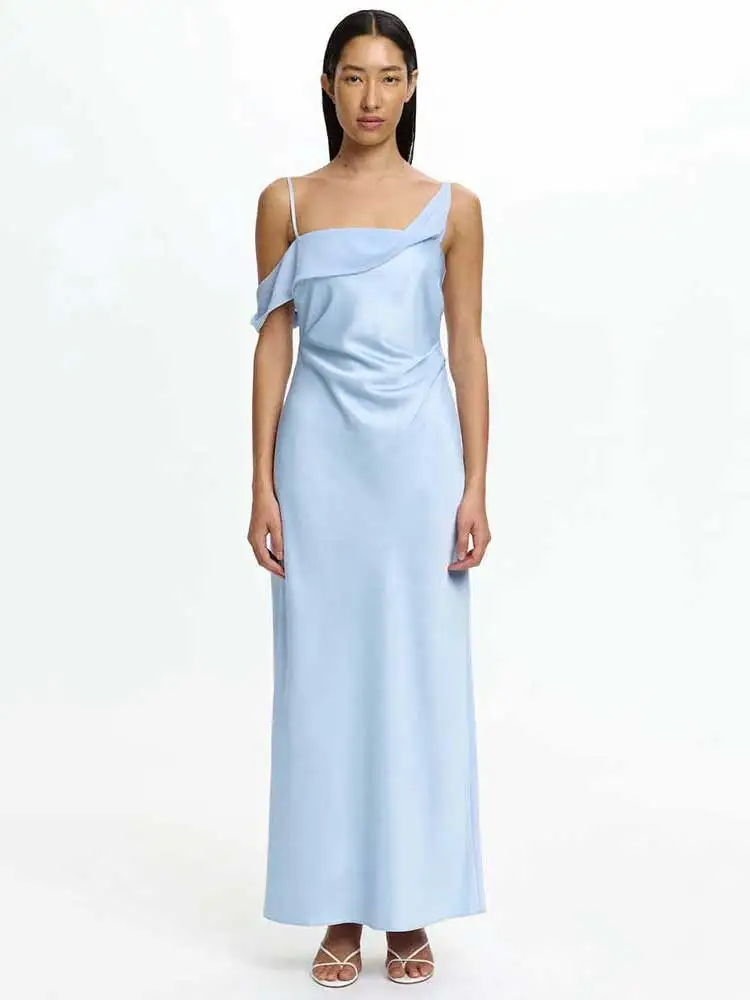 GACVGA Satin-Maxikleid, elegantes Abendkleid mit Spaghettiträgern für Damen, elegantes, drapiertes, formelles langes Kleid für Hochzeitsgäste