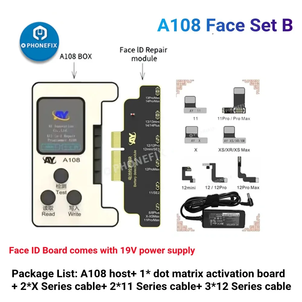 Ay กล่อง A108โปรแกรม ID หน้าสำหรับ iPhone X-15ProMax โปรเจคเตอร์ Dot Matrix อ่านเขียนโทนสีจริงแก้ไขข้อมูลสุขภาพแบตเตอรี่