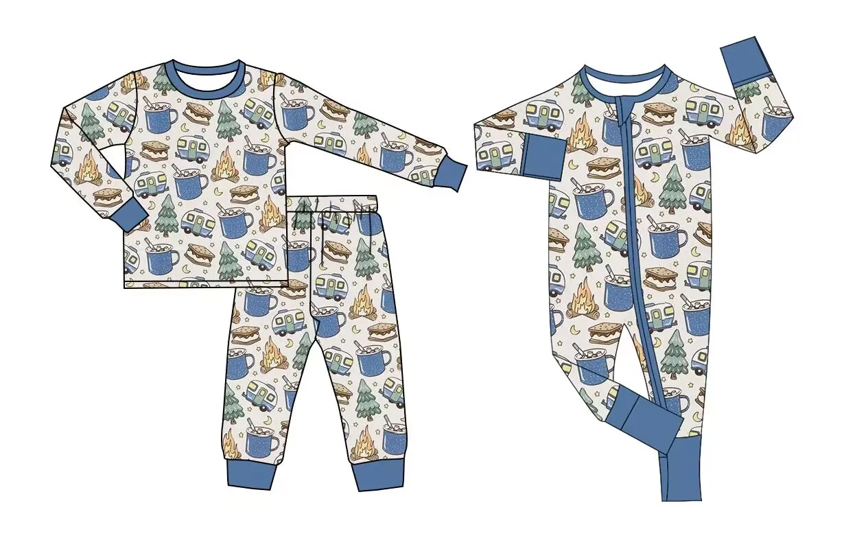 Little boy autumn clothing Christmas boutique matching 2 piece set blue clothing Christmas tree cup element print