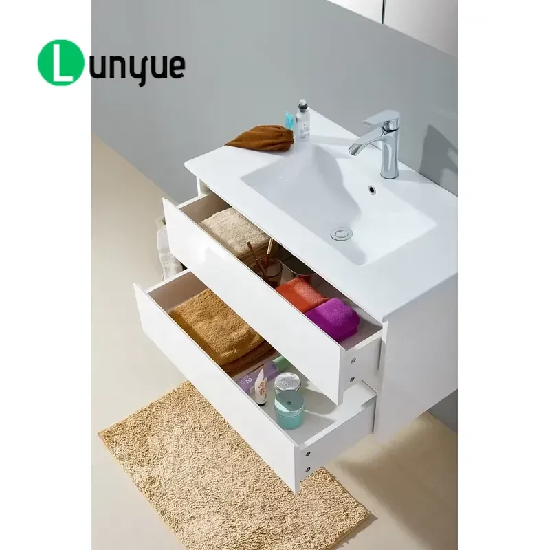 European Style White PVC Solid Wood Wall Mounted Bathroom Vanity Cabinet with 2 Doors Washbasin Makeup Mirror Set for Hotel