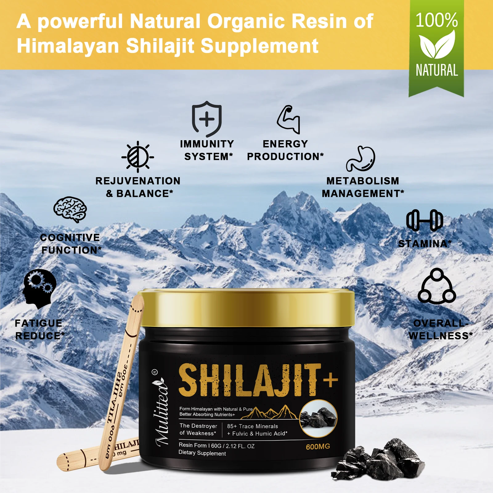 Mulittea 100% shilajit murni dengan 85 + mineral jejak & asam Fulvic mendukung fokus dan memori kesehatan imun dan metabolisme