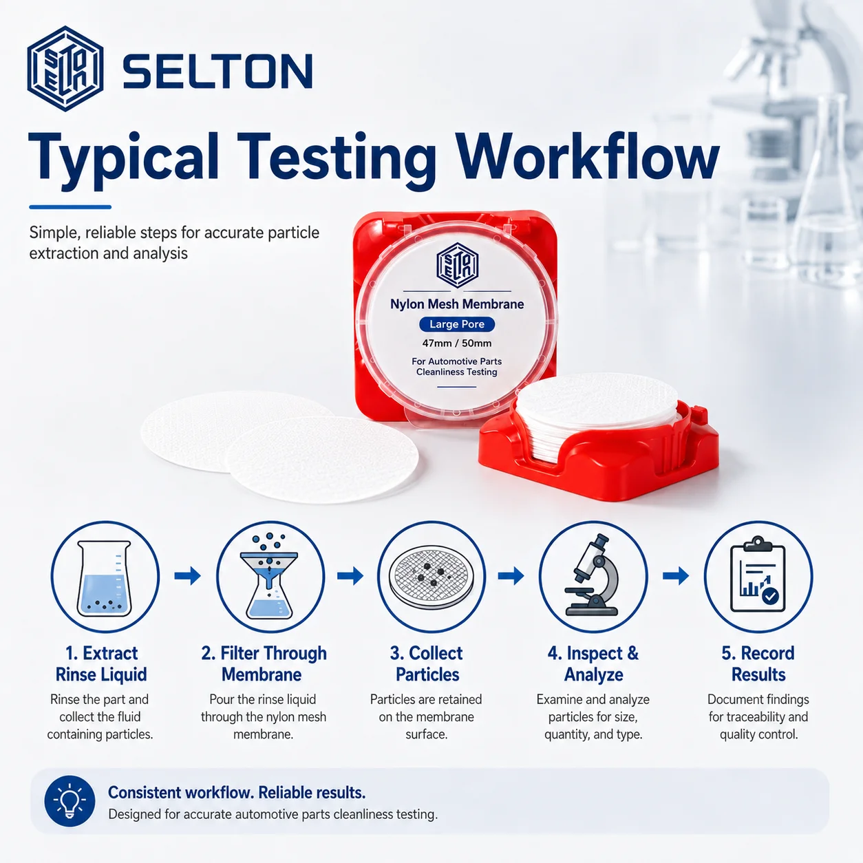 Selton Nylon Mesh Membrane Filter 47/50mm 5-100um Large Pore for Automotive Cleanliness Testing 50pcs/Box