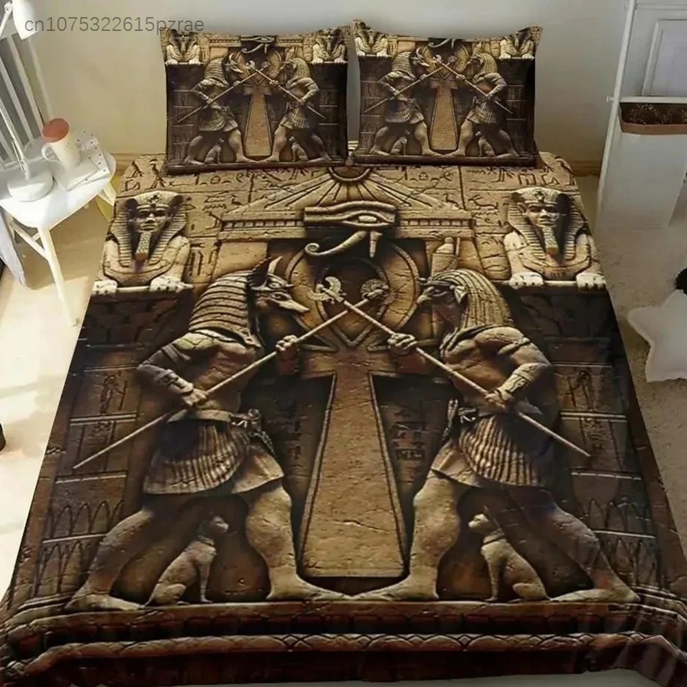 Ancient Egypt Anubis Duvet Cover Set Egyptian Symbol Culture Bedding Sets Vintage Pharaoh Pyramid Boho Tribal Quilt Cover Queen