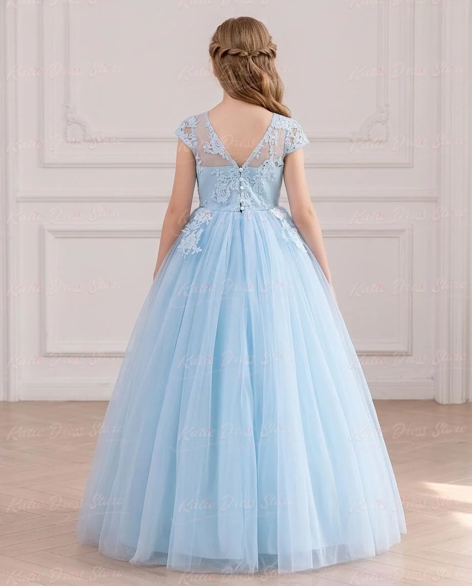 Elegant Customized Lace Applique Puffy Flower Girl Dress for Wedding Tulle Kids Birthday Party First Communion Ball Gowns