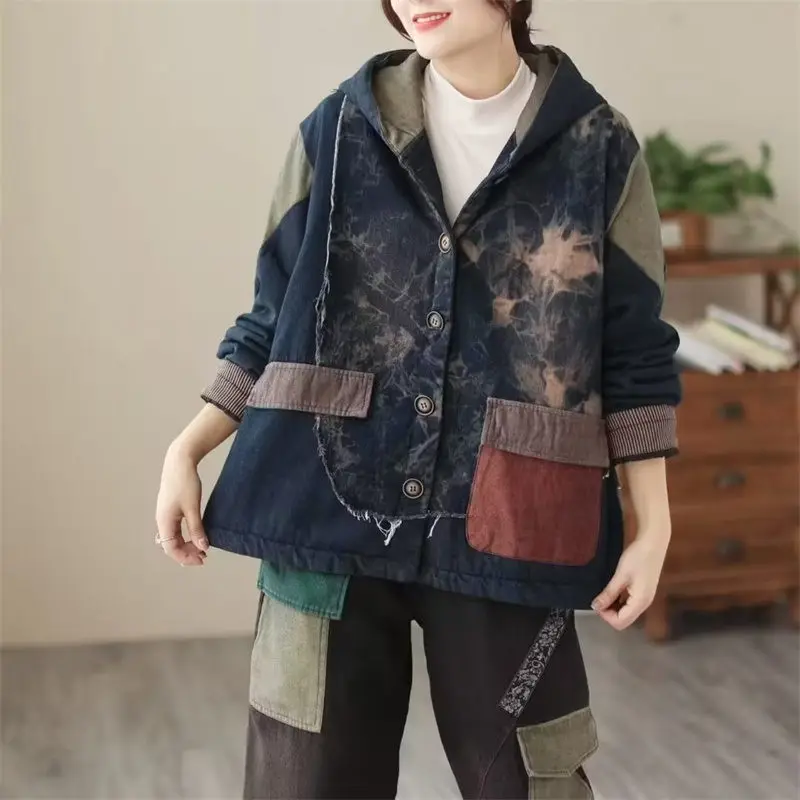 Winter Vintage Washing Denim Printing Splice Cotton Jacket Hooded  Women's Loose Large Size Warm Padded Coat Mujer Chaqueta T930