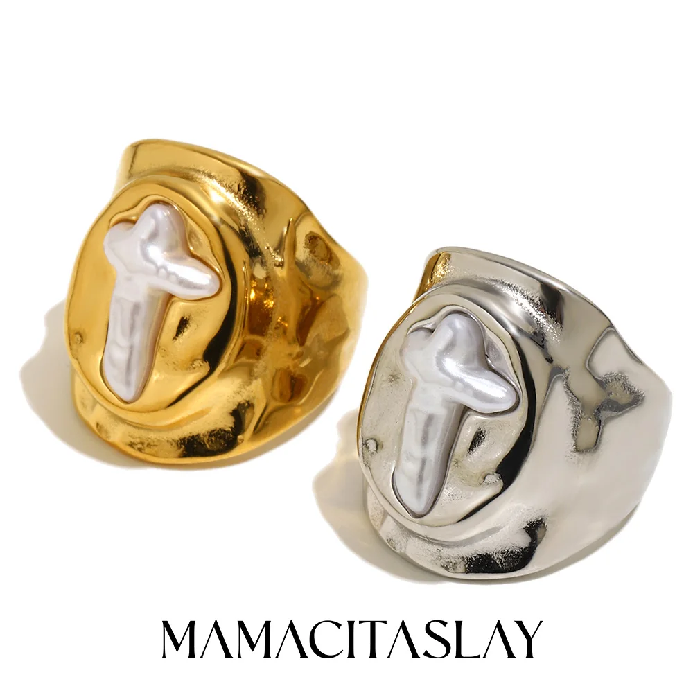 Anillo de Sello con Cruz de Acero Inoxidable 316L y Perlas de Imitación, Chapado en Oro de 18K, Joyería Impermeable para Mujer, Uso Diario