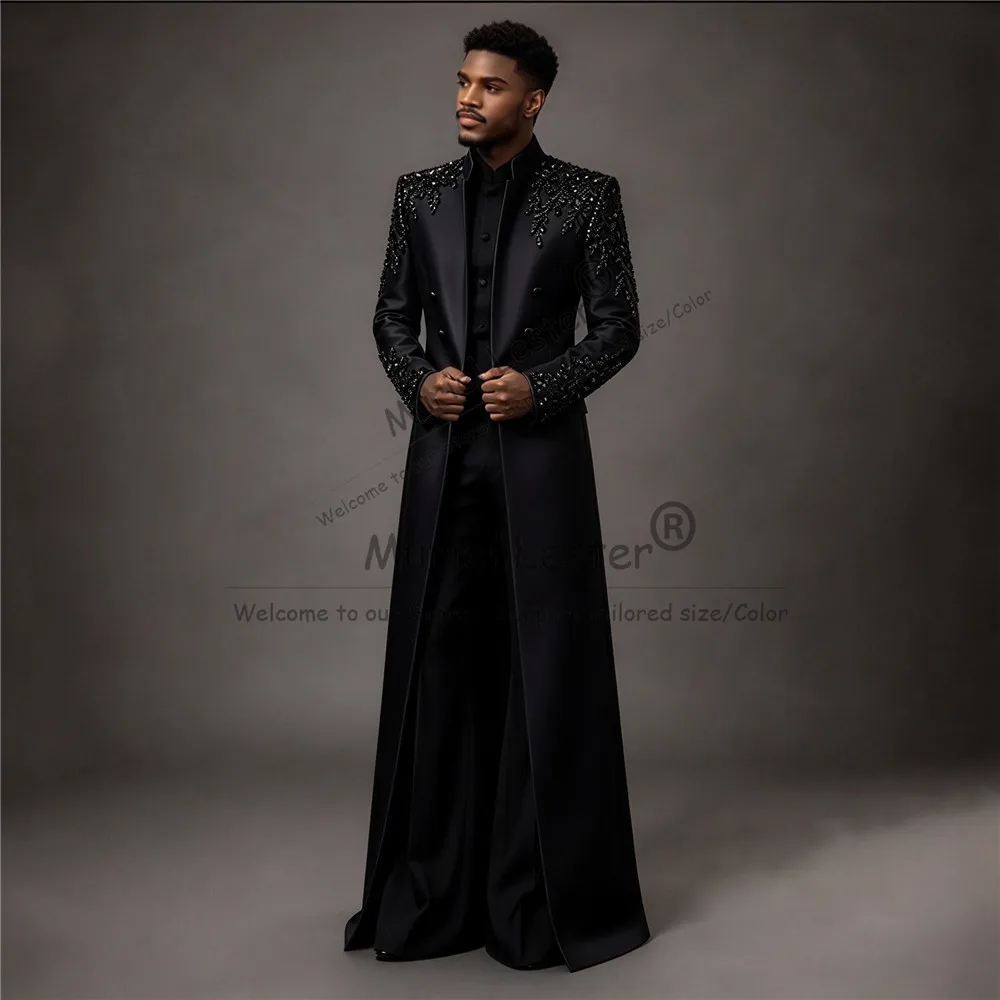 Luxury Groom Wedding Tuxedo Suit Long Stand Collar Prom Blazer With Back Pants 2 Piece Sets Man Dinner Party Attire Customized