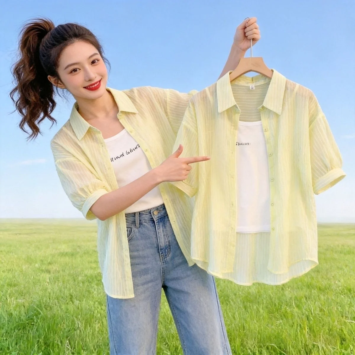 Summer Fashion Loose Bubble Sleeve Five-Quarter Sleeve Sun Protection Shirt Hong Kong Style Striped High-End Sun Protection O...