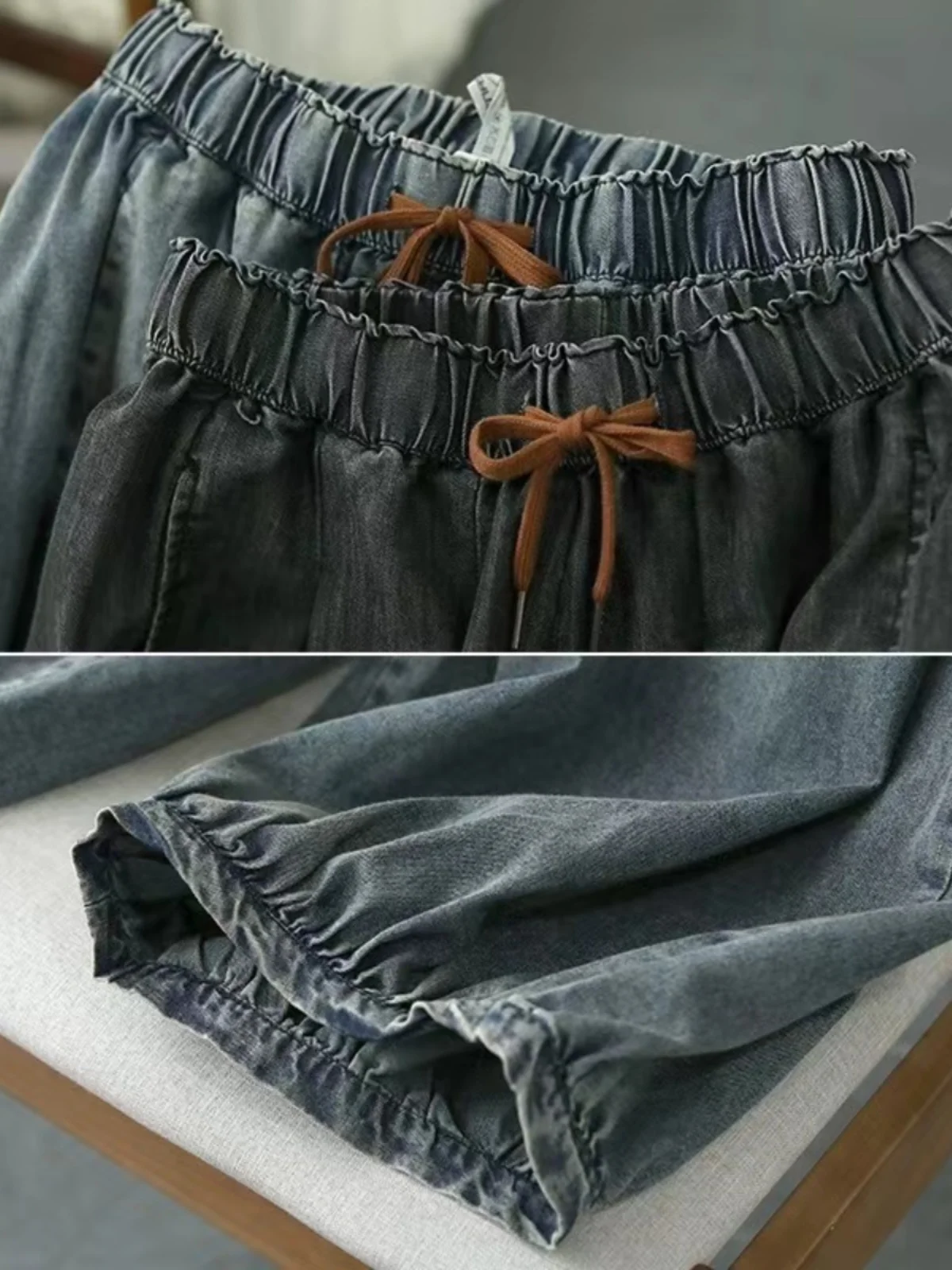 Retro spodnie jeansowe z pełnej bawełny, ultra miękkie, damskie, letnie, plus size, wyszczuplające spodnie typu latarnia, luźne, uniwersalne spodnie o długości siedmiu stopni.