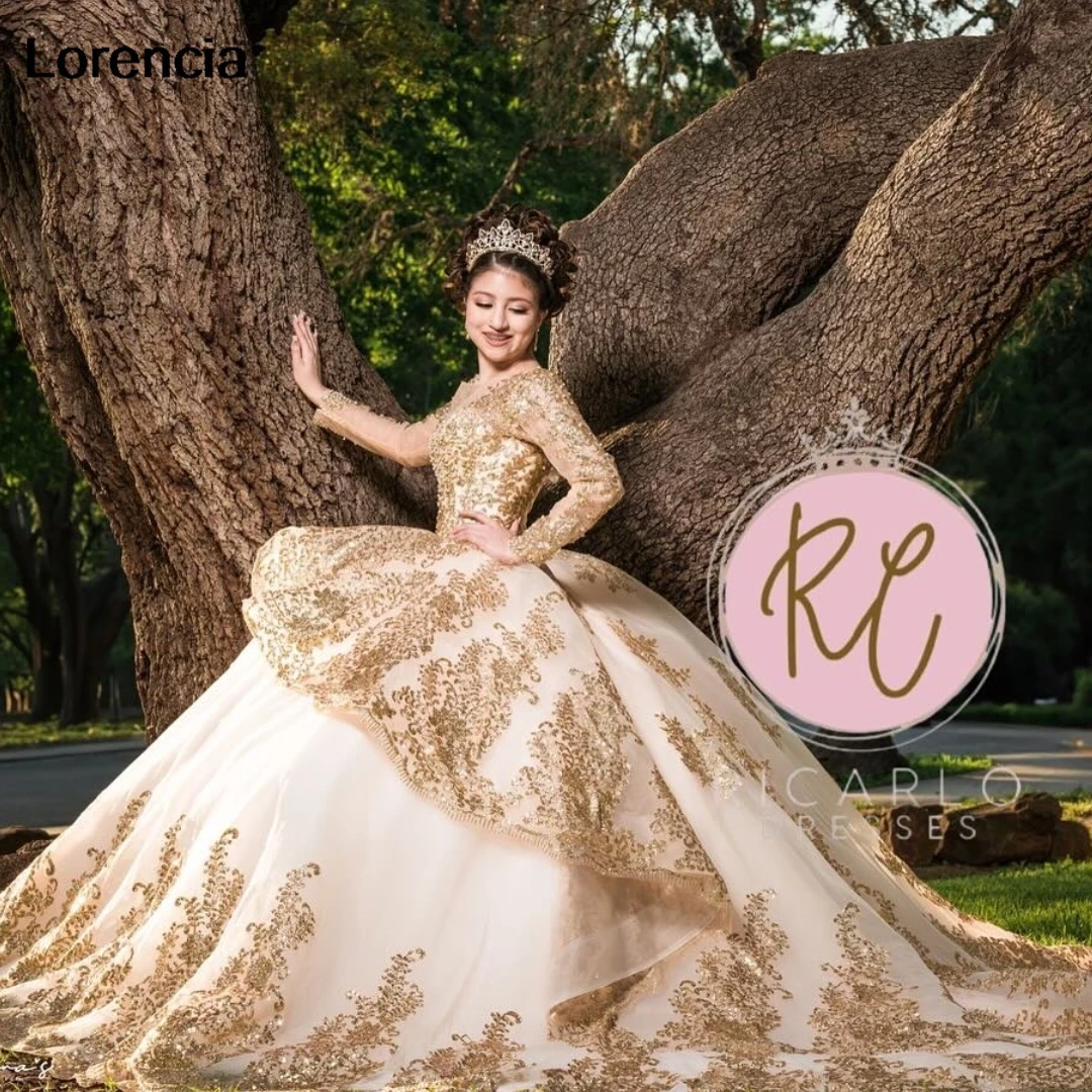 Customized Mexican White Quinceanera Dress Ball Gown Gold Lace Applique Beaded Long Sleeve Sweet 16 Vestidos De 15 Años YQD849