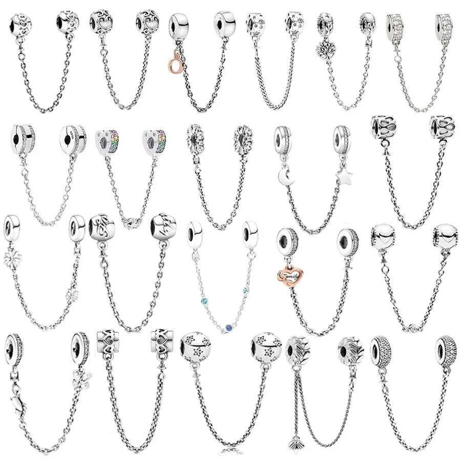 Hot Sale Family Tree Heart & Butterfly Safety Chain Charms Beads Fit Original Pandora 925 Sterling Silver Bracelet Women Jewelry