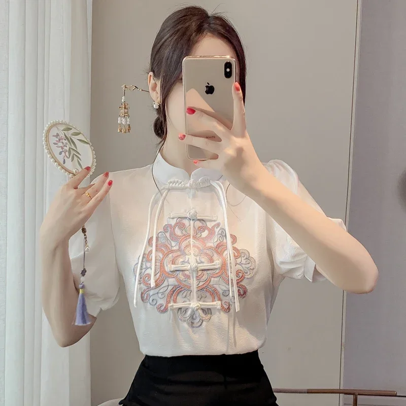 

Chiffon Embroidery Women's Shirt Summer Chinese Style Women Blouses Loose Short Sleeve Vintage Tops Fashion Clothing 2024 Korean