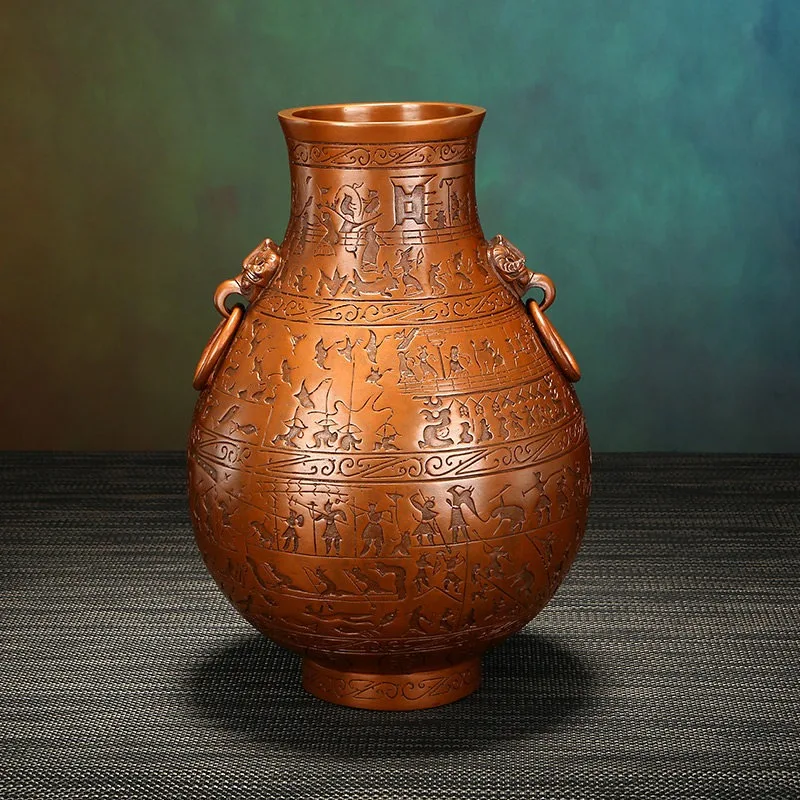 Purple Copper Vase Ornament Engraved Pattern Copper Art Craft Home Living Room Desktop Decorative Vase