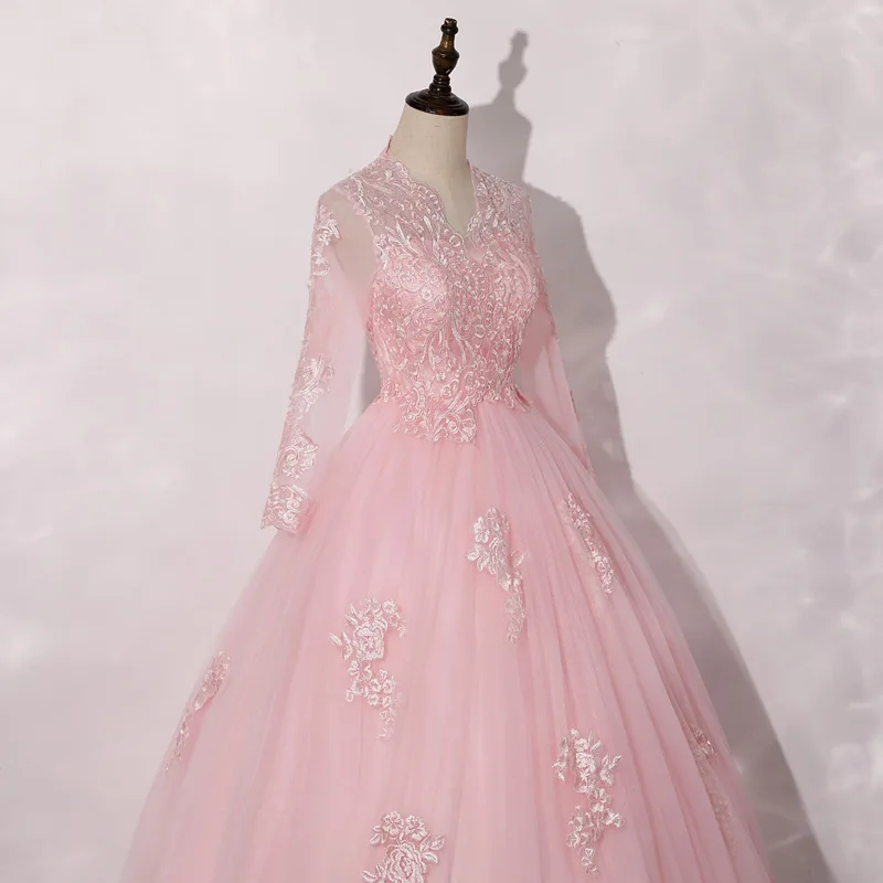 Robe de soirée longue en dentelle brodée rose pour femmes, col en v, manches longues, mode amincissante, élégante, spectacle sur scène, nouvelle collection 2026